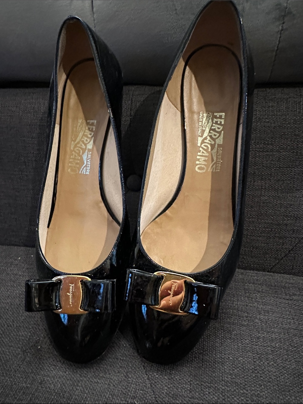 Salvatore Ferragamo Black Patent Leather Bow Pumps with Gold Plaque